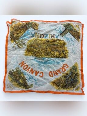 Vintage Grand Canyon Arizona Scenic Silk Scarf - Orange Trim